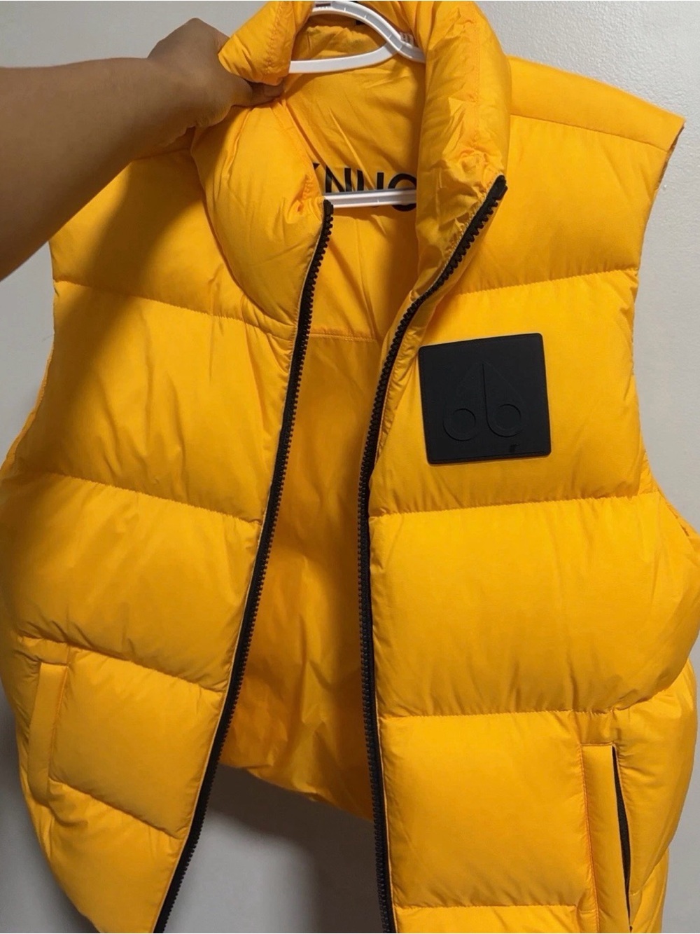 Moose Knuckles Yellow Puffer Jacket with Black Logo Patch